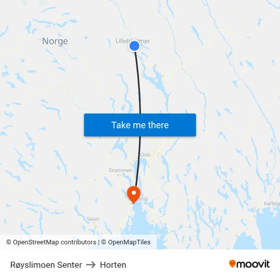 Røyslimoen Senter to Horten map