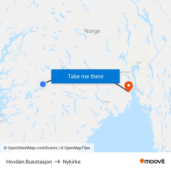 Hovden Busstasjon to Nykirke map