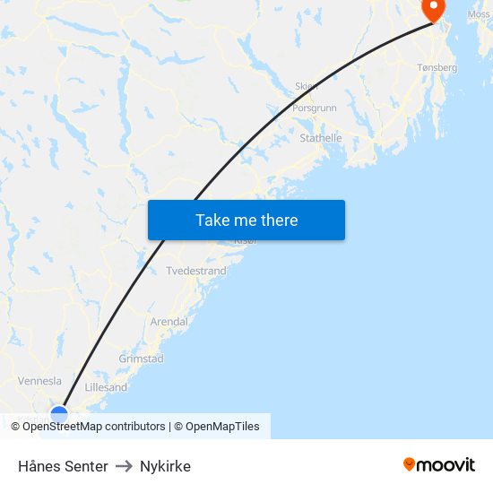 Hånes Senter to Nykirke map