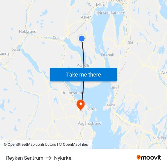 Røyken Sentrum to Nykirke map