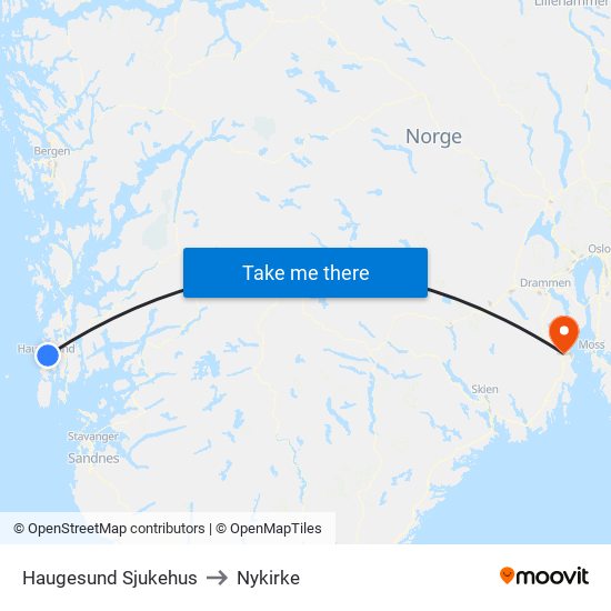 Haugesund Sjukehus to Nykirke map