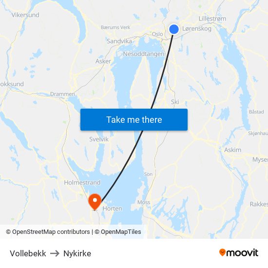 Vollebekk to Nykirke map