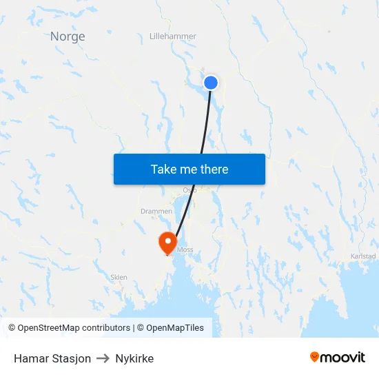 Hamar Stasjon to Nykirke map