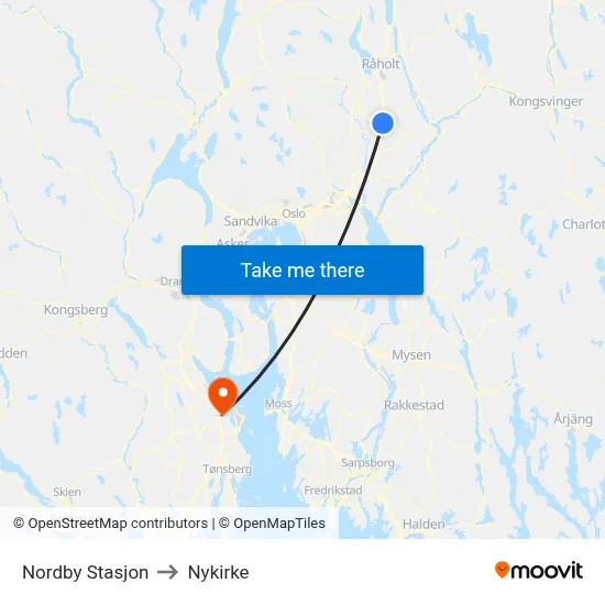 Nordby Stasjon to Nykirke map