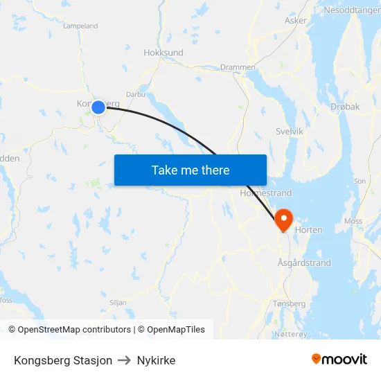 Kongsberg Stasjon to Nykirke map
