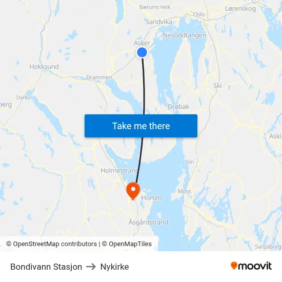 Bondivann Stasjon to Nykirke map