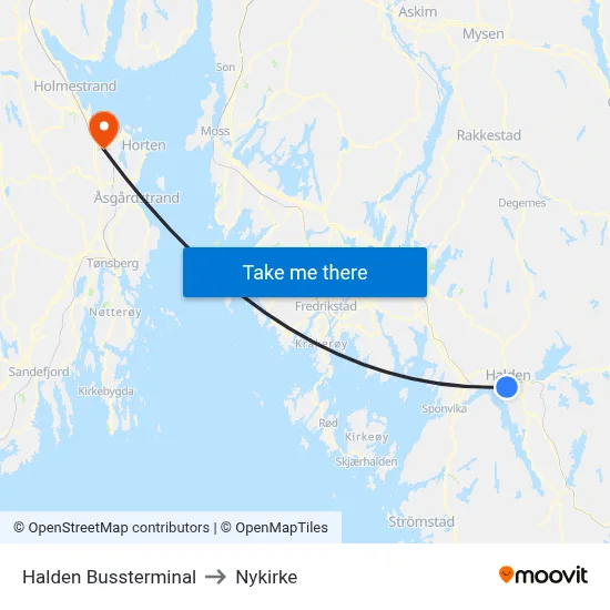 Halden Bussterminal to Nykirke map