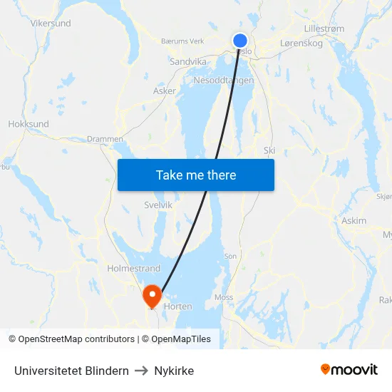 Universitetet Blindern to Nykirke map