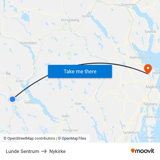 Lunde Sentrum to Nykirke map
