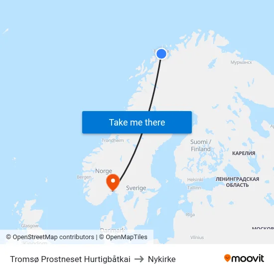 Tromsø Prostneset Hurtigbåtkai to Nykirke map