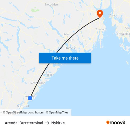 Arendal Bussterminal to Nykirke map