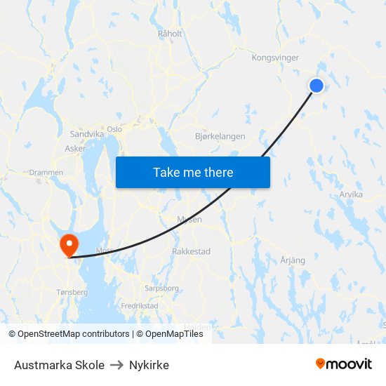 Austmarka Skole to Nykirke map