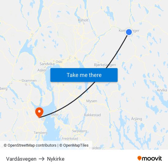 Vardåsvegen to Nykirke map