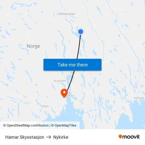 Hamar Skysstasjon to Nykirke map