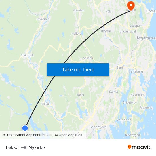 Løkka to Nykirke map