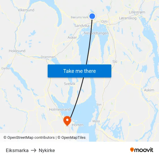 Eiksmarka to Nykirke map