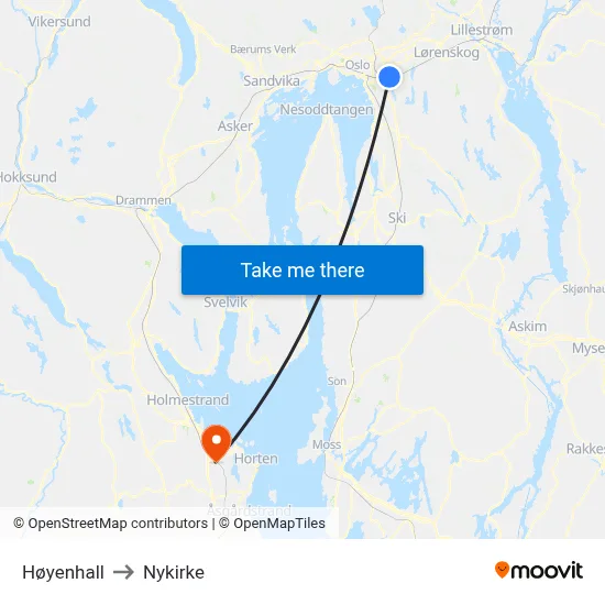 Høyenhall to Nykirke map