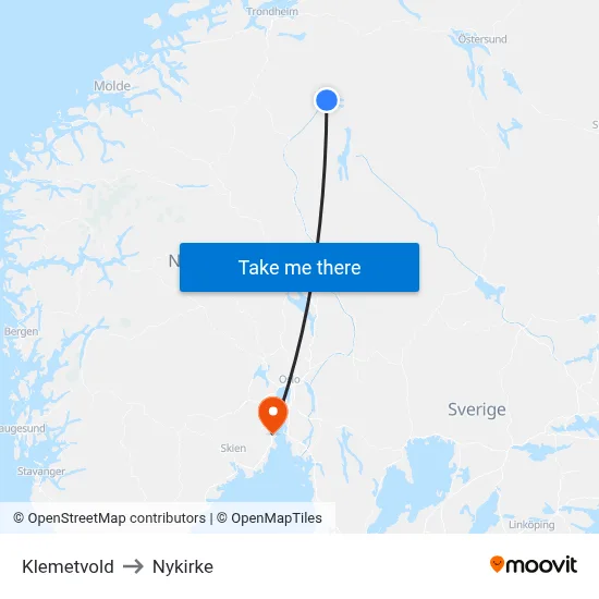 Klemetvold to Nykirke map