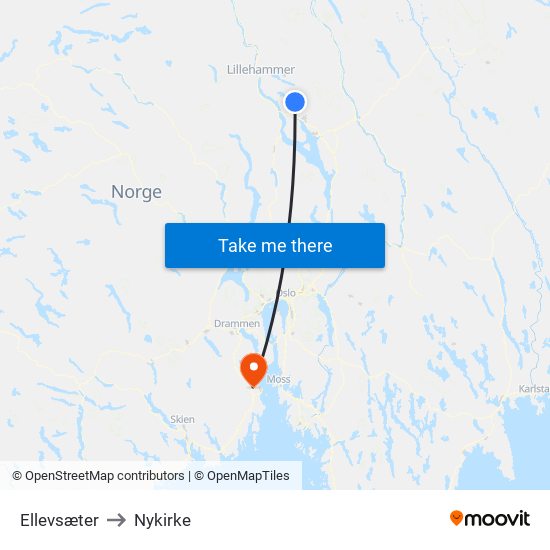 Ellevsæter to Nykirke map