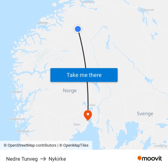 Nedre Tunveg to Nykirke map
