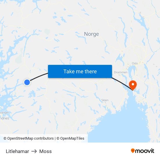 Litlehamar to Moss map