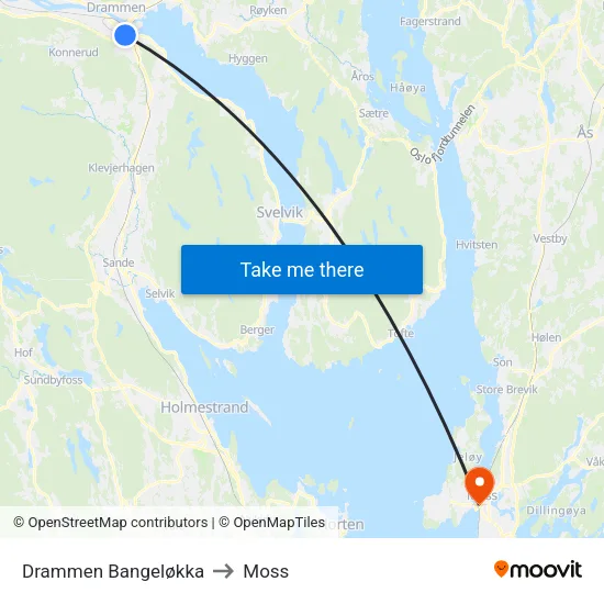 Drammen Bangeløkka to Moss map