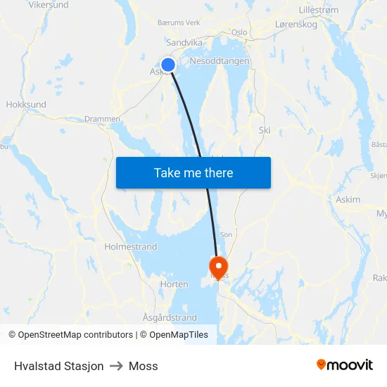 Hvalstad Stasjon to Moss map