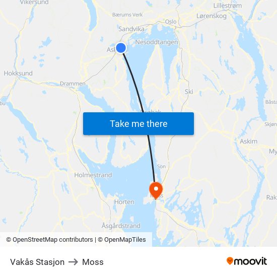 Vakås Stasjon to Moss map