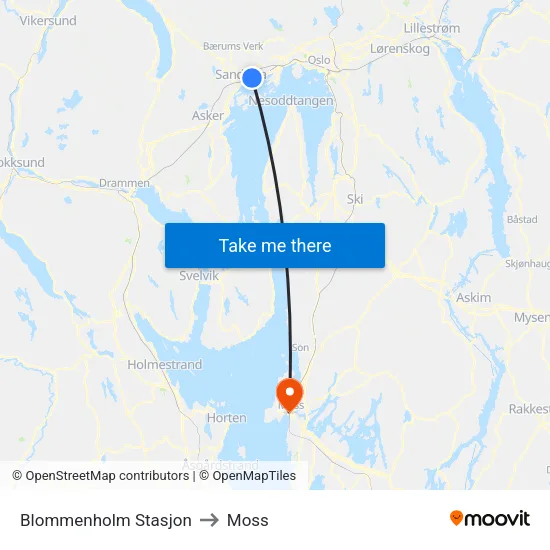 Blommenholm Stasjon to Moss map