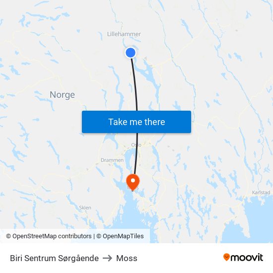 Biri Sentrum Sørgående to Moss map