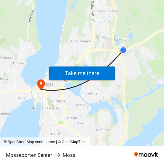 Mosseporten Senter to Moss map