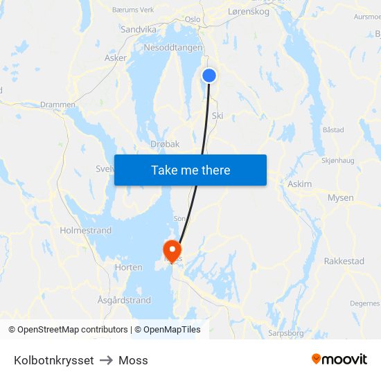 Kolbotnkrysset to Moss map