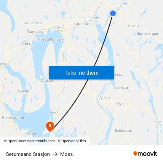 Sørumsand Stasjon to Moss map