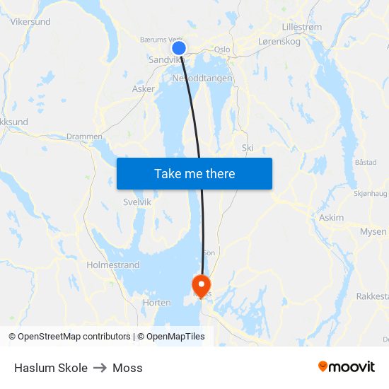 Haslum Skole to Moss map