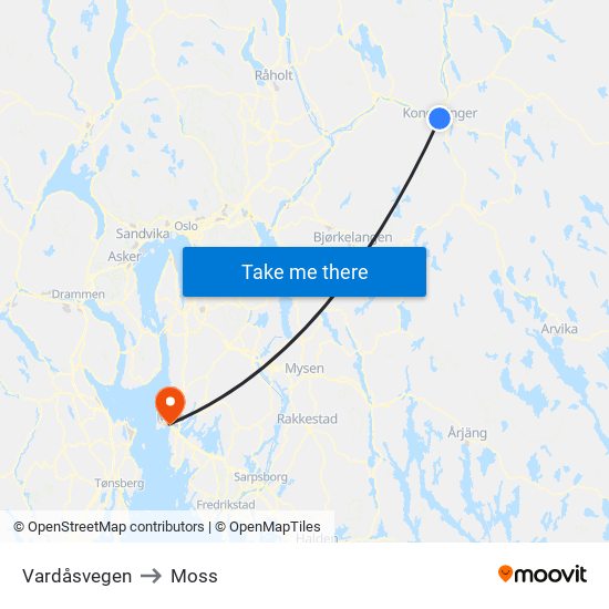 Vardåsvegen to Moss map