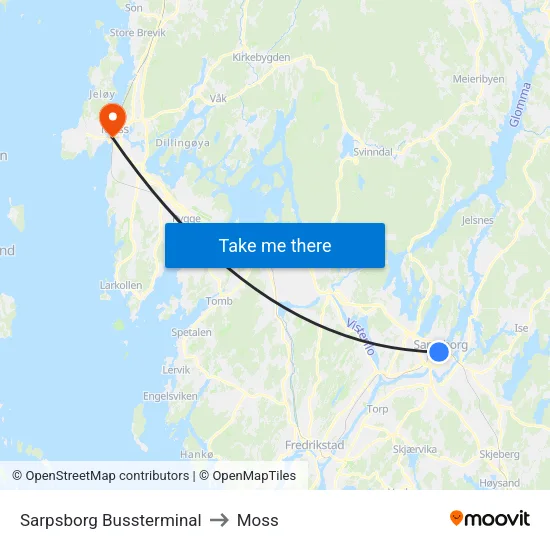 Sarpsborg Bussterminal to Moss map