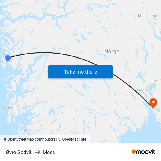 Øvre Godvik to Moss map
