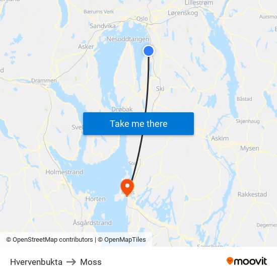 Hvervenbukta to Moss map