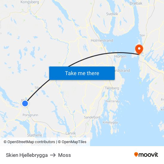 Skien Hjellebrygga to Moss map