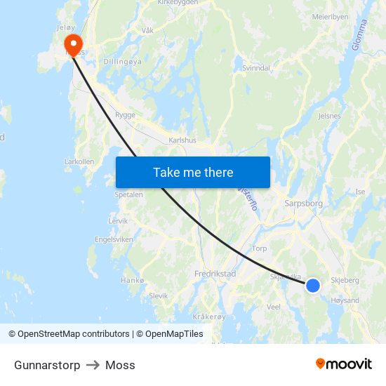 Gunnarstorp to Moss map