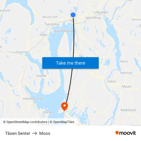 Tåsen Senter to Moss map