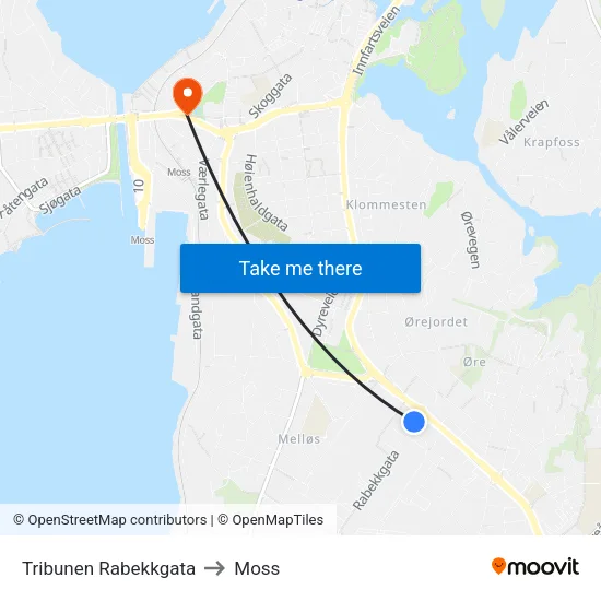 Tribunen Rabekkgata to Moss map