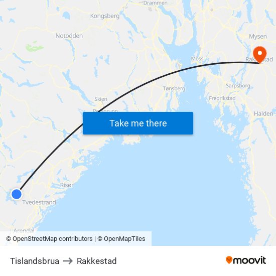 Tislandsbrua to Rakkestad map