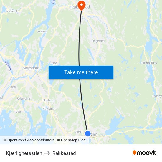 Kjærlighetsstien to Rakkestad map