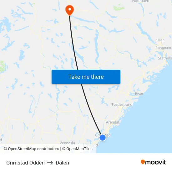Grimstad Odden to Dalen map