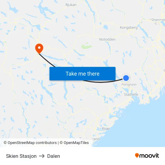 Skien Stasjon to Dalen map