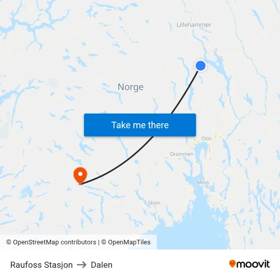 Raufoss Stasjon to Dalen map