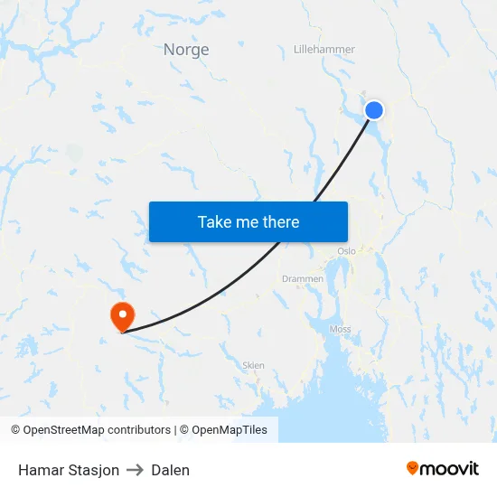 Hamar Stasjon to Dalen map