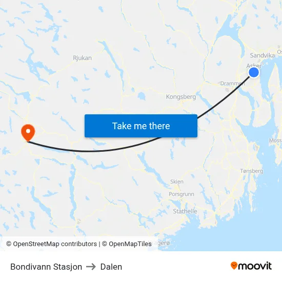 Bondivann Stasjon to Dalen map