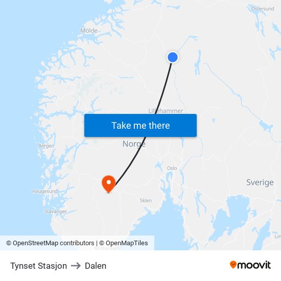 Tynset Stasjon to Dalen map